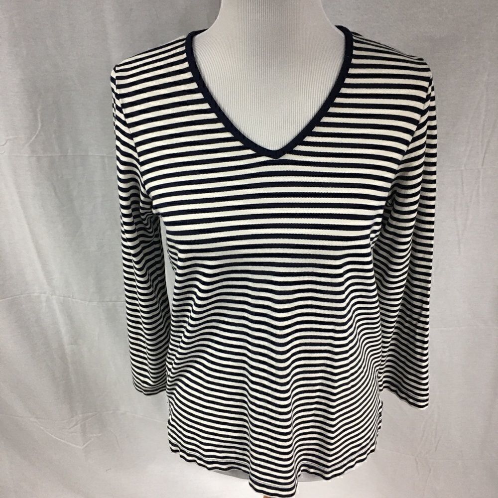 Liz Claiborne Liz & Co Small Blue White Striped Top long sleeves vneck easycare